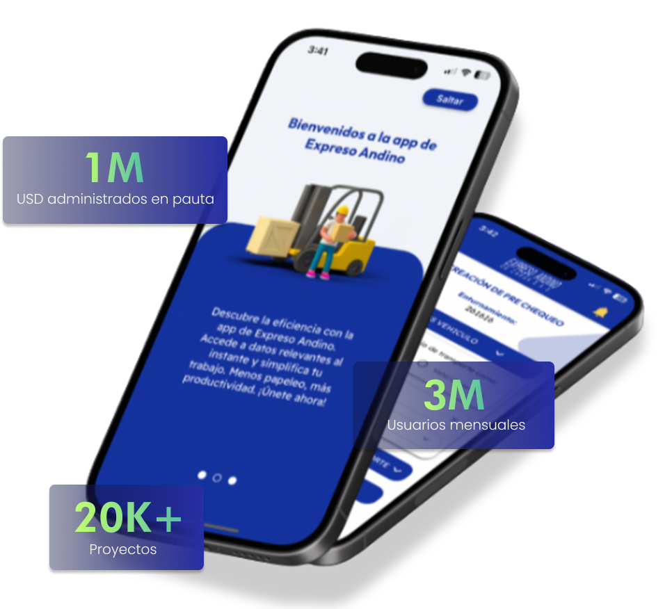 App móvil de Sense Digital con estadísticas de crecimiento